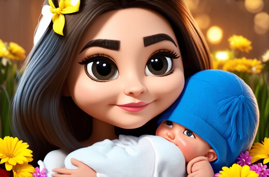  big head, big eyes, caricature, a caricature, rendering, (figurativism:0.8), young woman with newborn baby, flowers around ar 3:2, epic realistic, pixar style, disney, (cycles render:1.3), caustics, (glossy:0.58), (artstation:0.2), cute