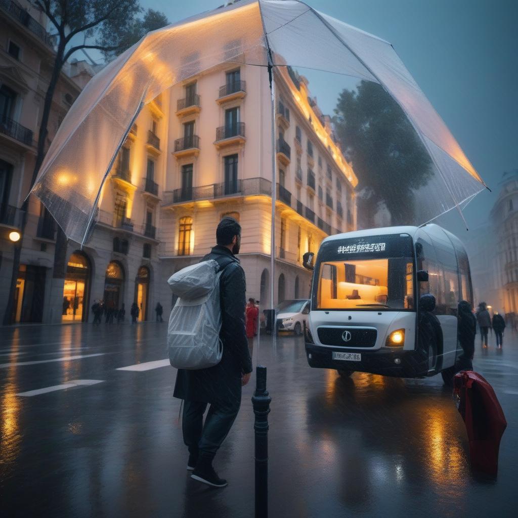  Beautiful cityscape, streets of Madrid, rain, reflections in puddles hyperrealistic, full body, detailed clothing, highly detailed, cinematic lighting, stunningly beautiful, intricate, sharp focus, f/1. 8, 85mm, (centered image composition), (professionally color graded), ((bright soft diffused light)), volumetric fog, trending on instagram, trending on tumblr, HDR 4K, 8K