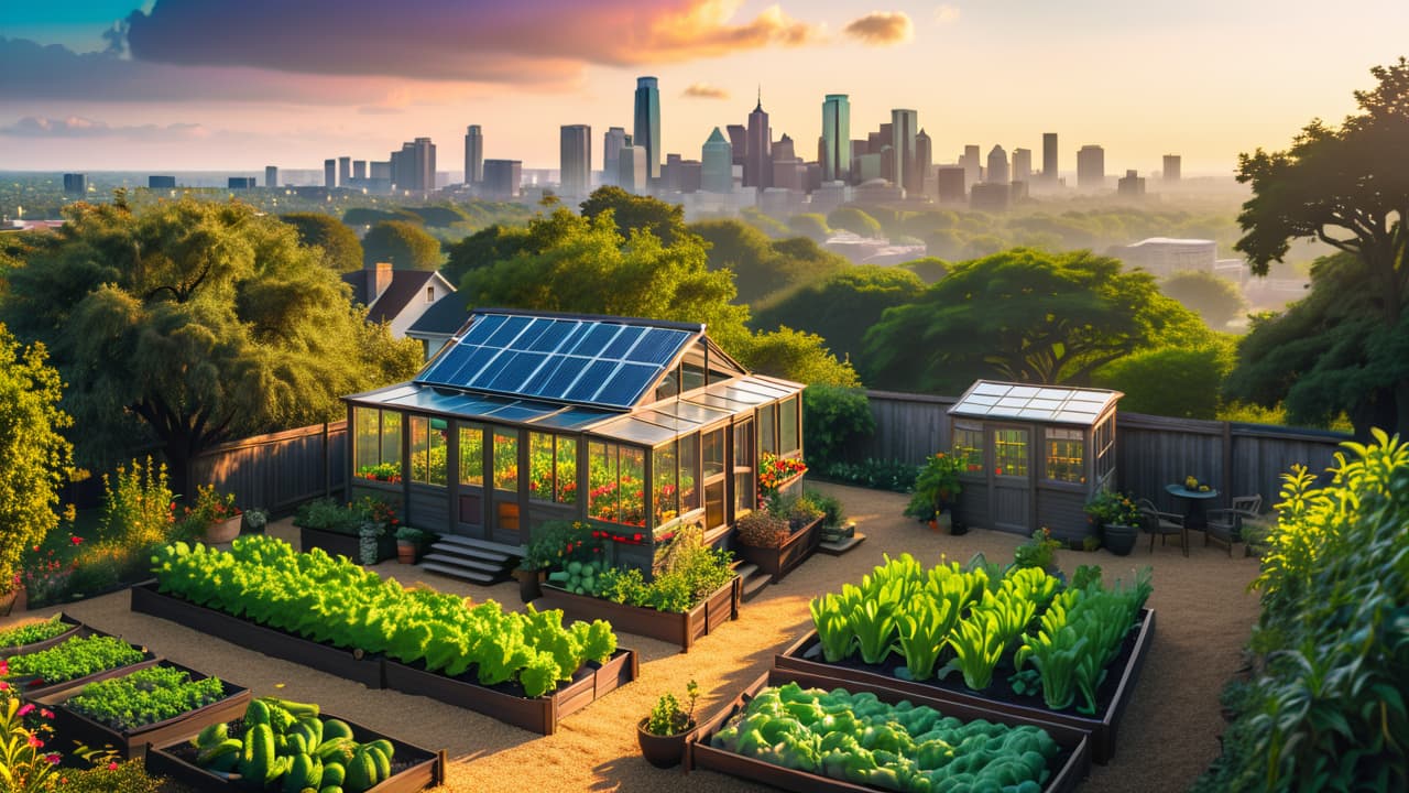  a sprawling texas urban homestead featuring a vibrant garden with vegetables, chickens roaming freely, a small greenhouse, solar panels, and a cozy porch, all set against a backdrop of city skyline and distant hills. hyperrealistic, full body, detailed clothing, highly detailed, cinematic lighting, stunningly beautiful, intricate, sharp focus, f/1. 8, 85mm, (centered image composition), (professionally color graded), ((bright soft diffused light)), volumetric fog, trending on instagram, trending on tumblr, HDR 4K, 8K