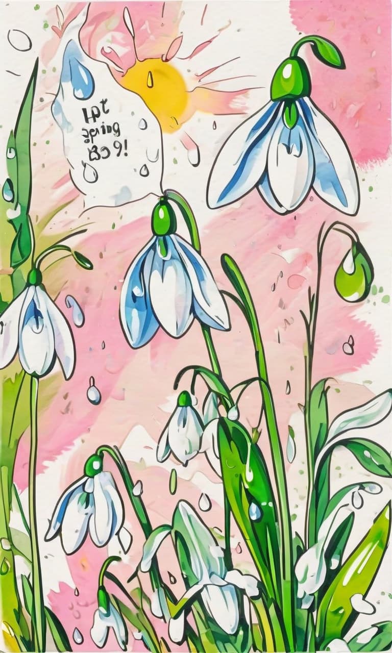  pop art style postcard march 8, (spring, drops, snowdrops), gentle watercolor and fine graphics . bright colors, bold outlines, popular culture themes, ironic or kitsch