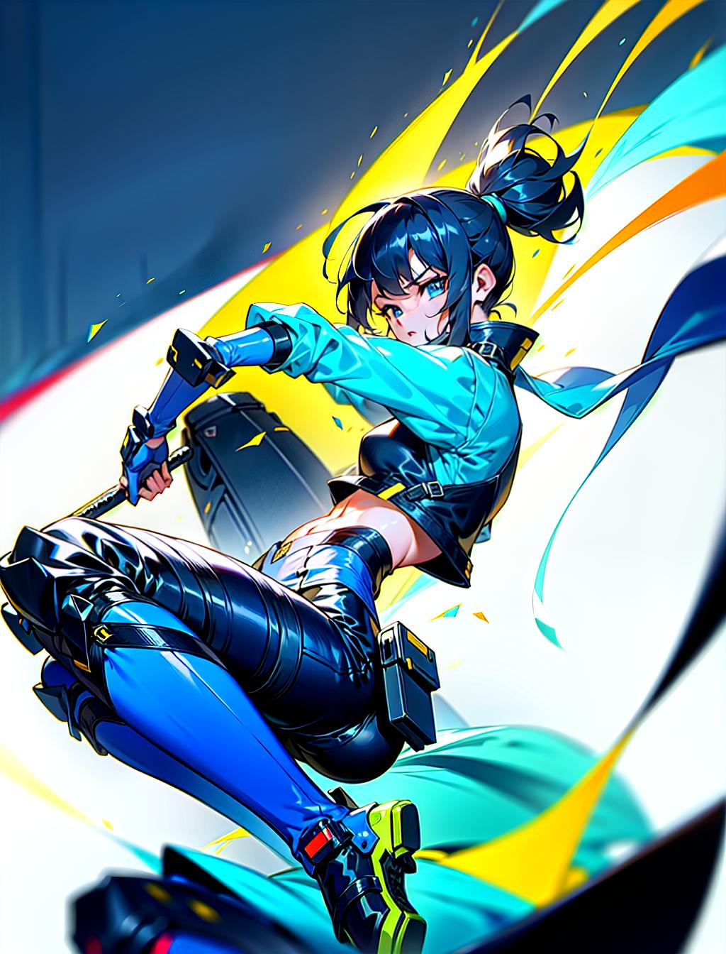  tangxin, from the chinese anime "nanocore," has a sleek and athletic appearance that reflects her action oriented role. she has long, black hair, often tied into a high ponytail, which emphasizes her sharp and confident demeanor. her outfit consists of a white and blue cropped jacket, leaving her midriff exposed, paired with form fitting, futuristic shorts that highlight her agile and combat ready physique. tangxin wears high tech black and blue boots and protective gear, including knee pads and armored gauntlets, giving her a tactical and futuristic vibe. she also carries weaponry on her, suggesting that she is proficient in combat and always prepared for action. her confident stance and serious expression indicate her strong and determine