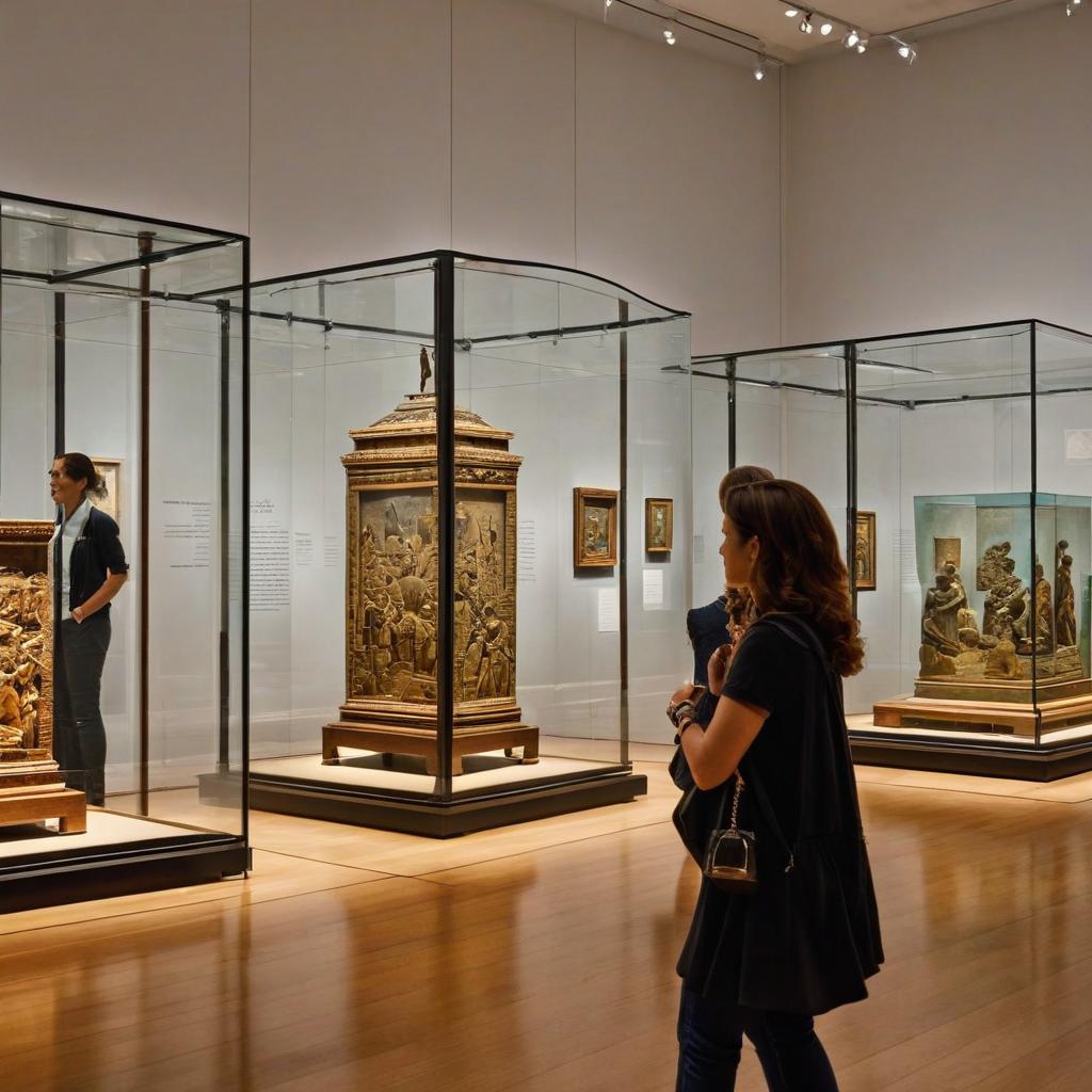  a museum room is fairly crowded. there are a few paintings and a lot of artifacts. the artifacts are behind glass cages. it is a fairly bright room. the people are either walking around or looking at something. there is a woman looking at an artifact. she places her hands behind her back., award winning, professional, highly detailed, masterpiece