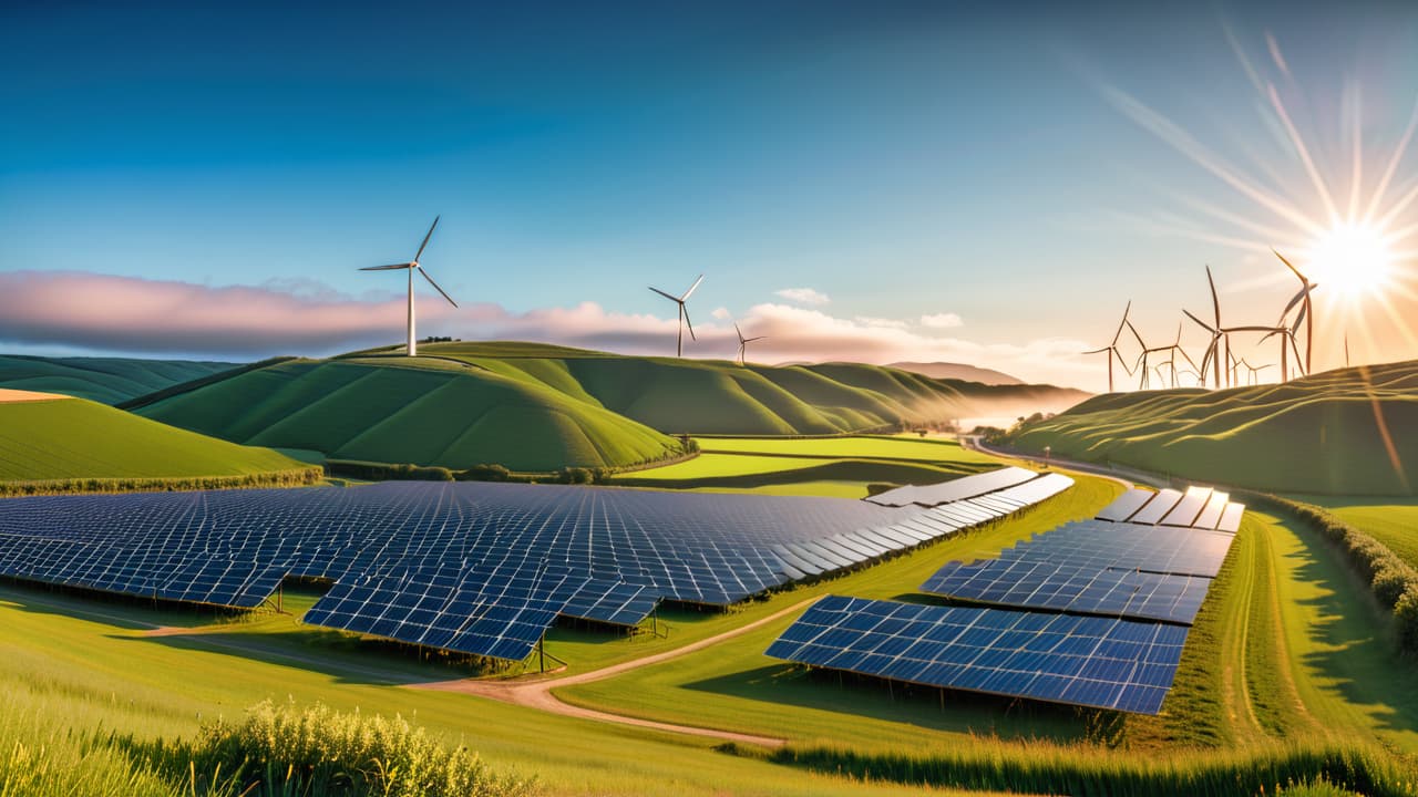  a vibrant landscape showcasing a solar farm under a clear blue sky, wind turbines on rolling hills, and a serene river reflecting sunlight, symbolizing harmony between nature and sustainable energy practices. hyperrealistic, full body, detailed clothing, highly detailed, cinematic lighting, stunningly beautiful, intricate, sharp focus, f/1. 8, 85mm, (centered image composition), (professionally color graded), ((bright soft diffused light)), volumetric fog, trending on instagram, trending on tumblr, HDR 4K, 8K