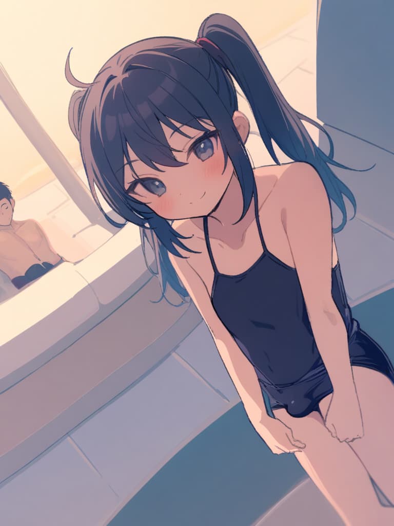  women's elementary students (male), twin tails, cute smiles, (rich s), low stature, dark blue swimwear, old swimwear, , simple (upward), male , (bulge), shaped clear , front , whole body, pool side,