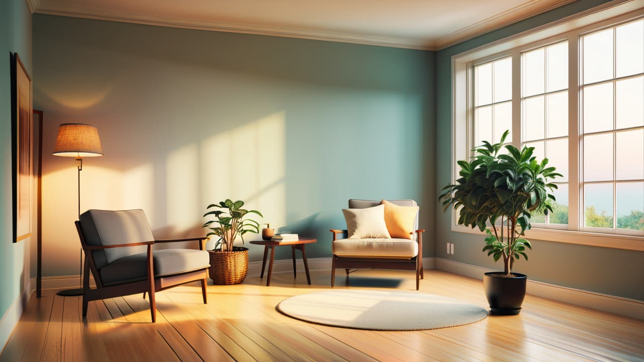  a serene, uncluttered room with natural light streaming through large windows, a single potted plant on a wooden table, and a cozy, neutral colored armchair. soft textures evoke tranquility and simplicity. hyperrealistic, full body, detailed clothing, highly detailed, cinematic lighting, stunningly beautiful, intricate, sharp focus, f/1. 8, 85mm, (centered image composition), (professionally color graded), ((bright soft diffused light)), volumetric fog, trending on instagram, trending on tumblr, HDR 4K, 8K