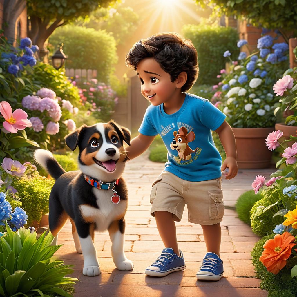  in 3d animated movie style. disney pixar style. nikhil, old with curious, kind hearted personality, in t shirt and shorts, accompanied by puppy, a young energetic dog with a shiny collar. vint garden setting where nikhil and puppy chase after stolen toy cars. high resolution pixar 3d animated film style with lifelike textures. main colors: vint greens, bright blues, soft warm lights. bird's eye view showcasing nikhil and puppy's interaction in dynamic composition.