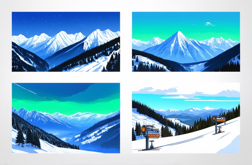  professional detailed photography, ski resort landscape posters set. snowy peaks of mountains. ski elevators. winter sport travel adventure and holidays concept. flat cartoon minimalism vector illustration ar 3:2, (muted colors, dim colors, soothing tones), (vsco:0.3)