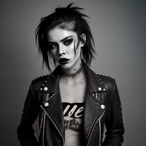  a hyper realistic photo of an extremely beautiful punk rocker girl bold lines, hyper detailed, leather jacket with studs and ripped jeans, her face is pale with pronounced cheekbones . her eyes are outlined with rich black eyeliner, and her lips are covered in dark lipstick with a slightly smudged contour. her disheveled hair is dyed in bright colors, creating a chaotic yet intentional mess. smoke swirls around her, and the lighting casts dramatic shadows, emphasizing her bold and energetic image. the grunge girl demonstrates authenticity, honesty, and independence through her style and self expression, (b&w, monochromatic, film photography:1.3), photorealistic, hyperrealistic, hyperdetailed, film noir, analog style, hip cocked, demure, lo