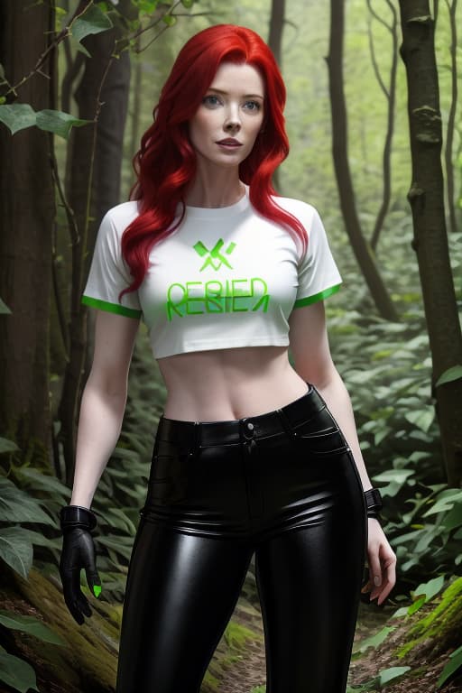  Bridget Regan with red hair, ((green eyes)), neon green crop cotton T-shirt, black leather pants, ivy, in the woods