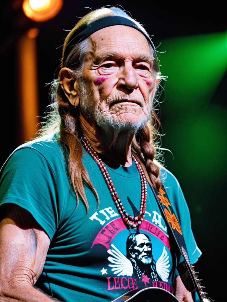  Singer Willie Nelson, medium shot, upper body, spotlight, long exposure lighting, street art style spray paint, glamour lighting