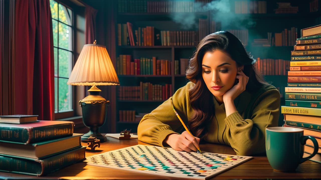  a cozy study with a dimly lit vintage desk, scattered crossword puzzles, colorful pencils, and a steaming cup of tea, showcasing a person deep in thought, surrounded by books and a wall of completed puzzles. hyperrealistic, full body, detailed clothing, highly detailed, cinematic lighting, stunningly beautiful, intricate, sharp focus, f/1. 8, 85mm, (centered image composition), (professionally color graded), ((bright soft diffused light)), volumetric fog, trending on instagram, trending on tumblr, HDR 4K, 8K