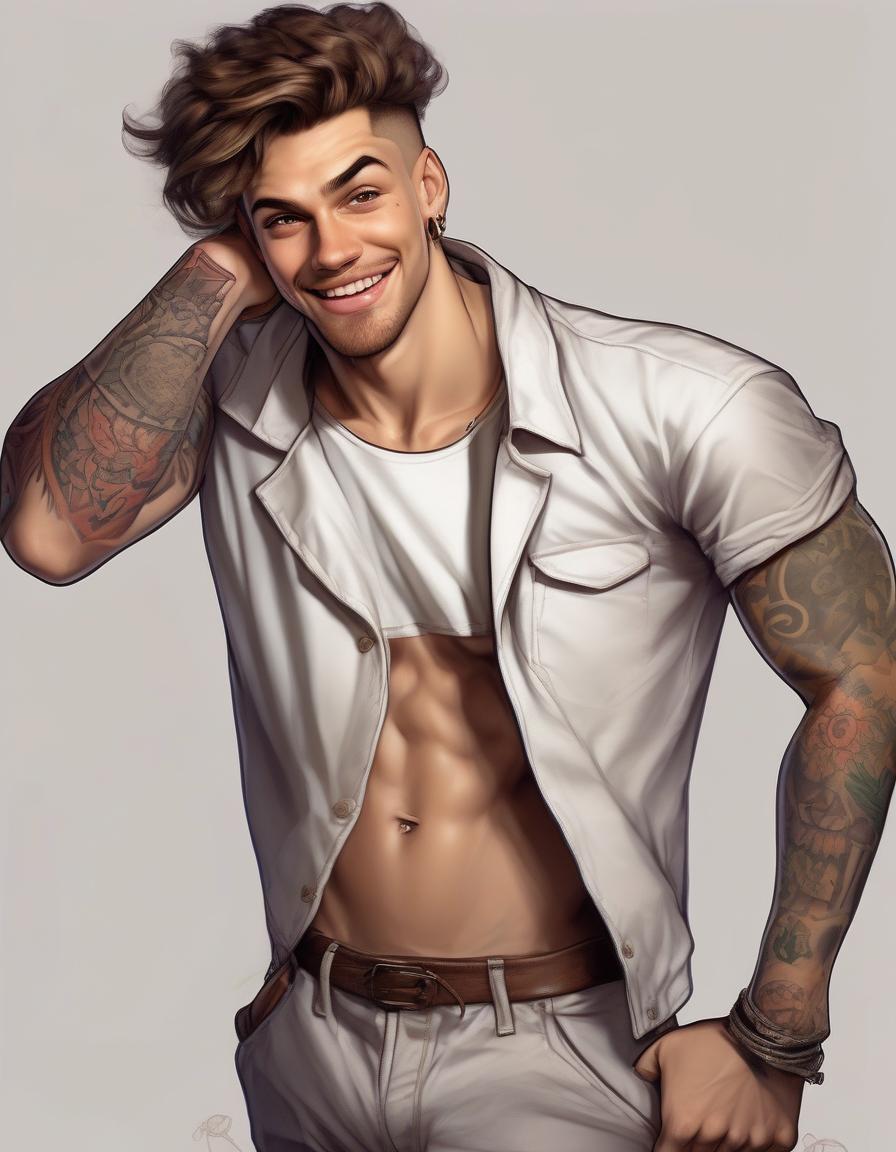  a daring, charismatic young man with a cunning grin, a stern face, high cheekbones, brown eyes and thick hair, looks cunningly with a squint, in tattoos, european appearance, light skin, dressed in a t shirt with open shoulders and sports pants, one hand stretch forward and palm open, photo, realism, a living person, a real person,