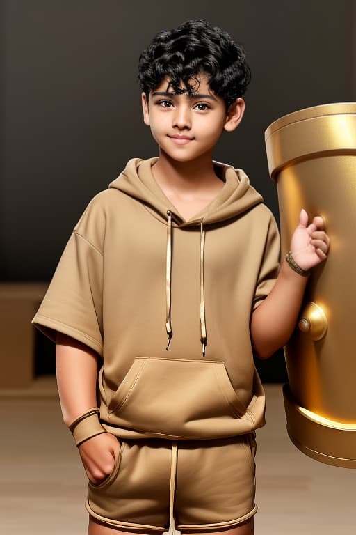  cute short boy modern very short curly black hair tanned skin shy face holding a big gold sheild somehow round face beige closed hoddie hands in his pocket short neck