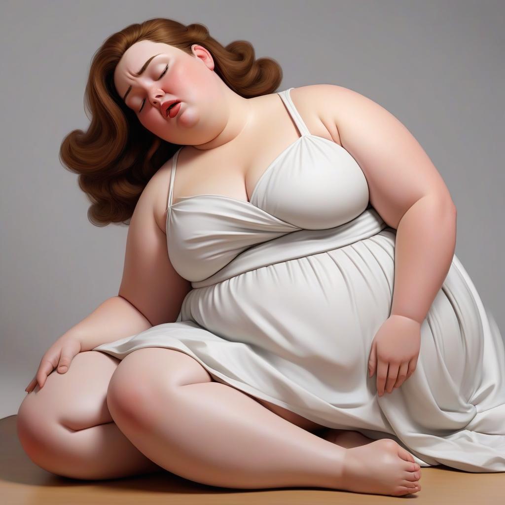  the fat model fainted, posing for the artist, and lies unconscious. the artist is trying to bring her to her senses.