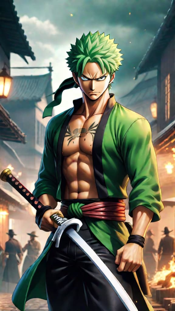  illustrate zoro from one piece struggling against the eerie influence of sandai kitetsu's curse. hyperrealistic, full body, detailed clothing, highly detailed, cinematic lighting, stunningly beautiful, intricate, sharp focus, f/1. 8, 85mm, (centered image composition), (professionally color graded), ((bright soft diffused light)), volumetric fog, trending on instagram, trending on tumblr, HDR 4K, 8K