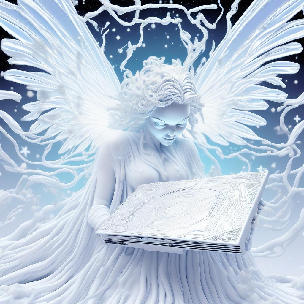  line art drawing highly detailed translucent snow fairy with wings of snow (holding a computer video card:1.3), blizzard appear from the pages of a fairy tale book, translucent snow blizzard magic snow fairy reaching out of a 3d sculptured book; the souls escaping from book, motion blur action side profile shot of spirit tepping out of book, astrodimensional iridescent spirit of the light, disintegrating into starlight and holographic particulate trails of wispy snow by alberto seveso by giger liquid snow effects in wind :: wind blowing left 3d shading; pulsing with an inner light; clear and sparkling, smooth, flowing, shimmer; 16k resolution, hyperdetailed, intricate beautiful details . professional, sleek, modern, minimalist, graphic, lin