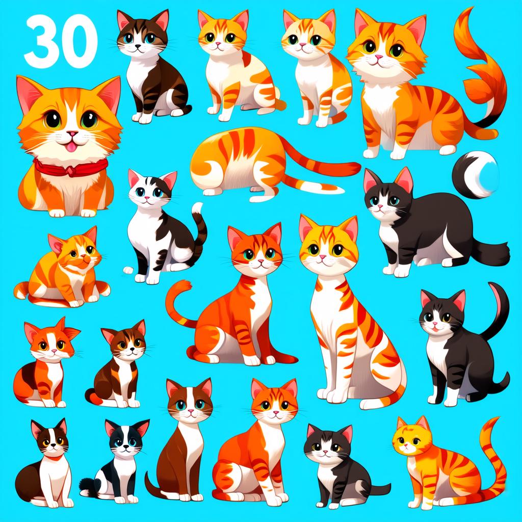  diverse collection of 30 cartoon cat illustrations showcasing different breeds and colors, transparent background, png background, ar 3:2 {prompt}, maximum details