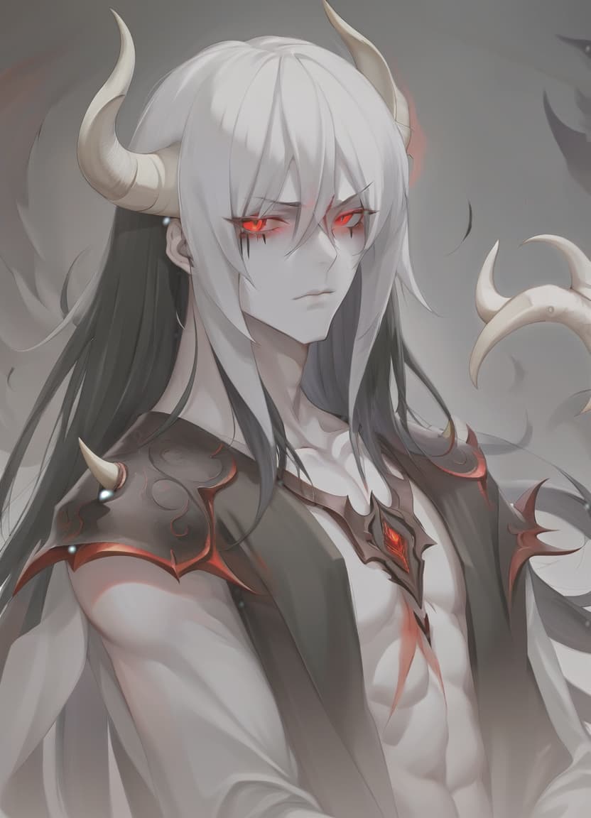  man demon, white skin, red eyes, black hair, white horns, black clothes