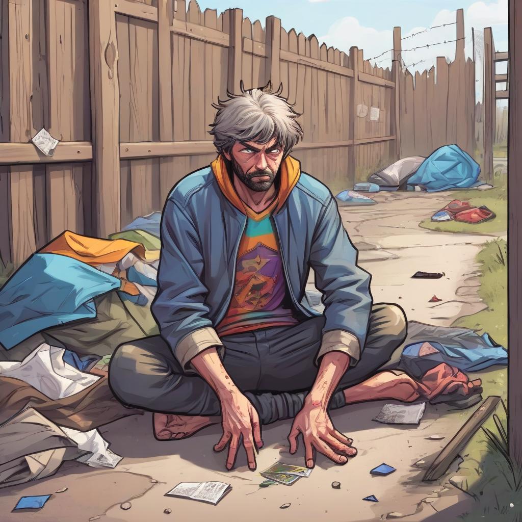  draw a colorful comic book, near a wooden fence, on the ground, lying homeless man in torn clothes.