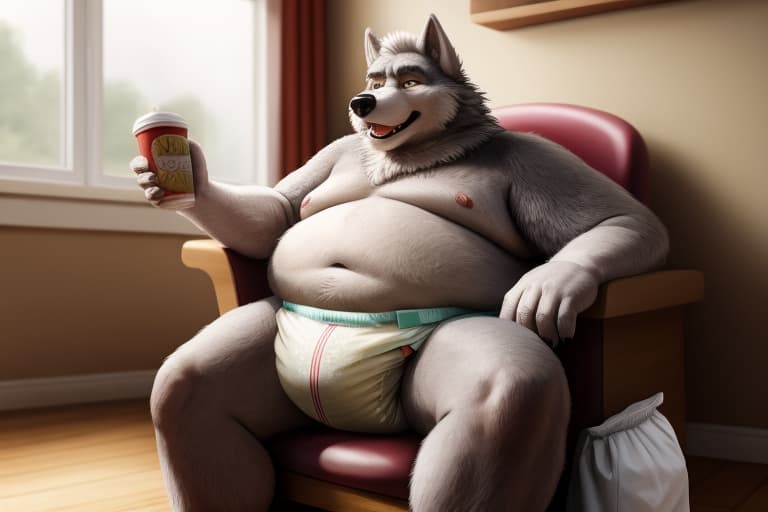  male, elderly, wolf, overweight, wearing a soiled diaper, style of dogburger, open eyes, masterpiece, 4k, fine details,