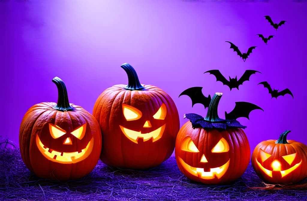  professional detailed photography, carved pumpkins and bats on a vibrant purple backdrop for halloween fun! ar 3:2, (muted colors, dim colors, soothing tones), (vsco:0.3)