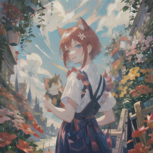  master piece , best quality,red hair, short hair, cat ears, blue eyes, girl, cat hands, red apron, smile, flower garden, hands folded behind her back.