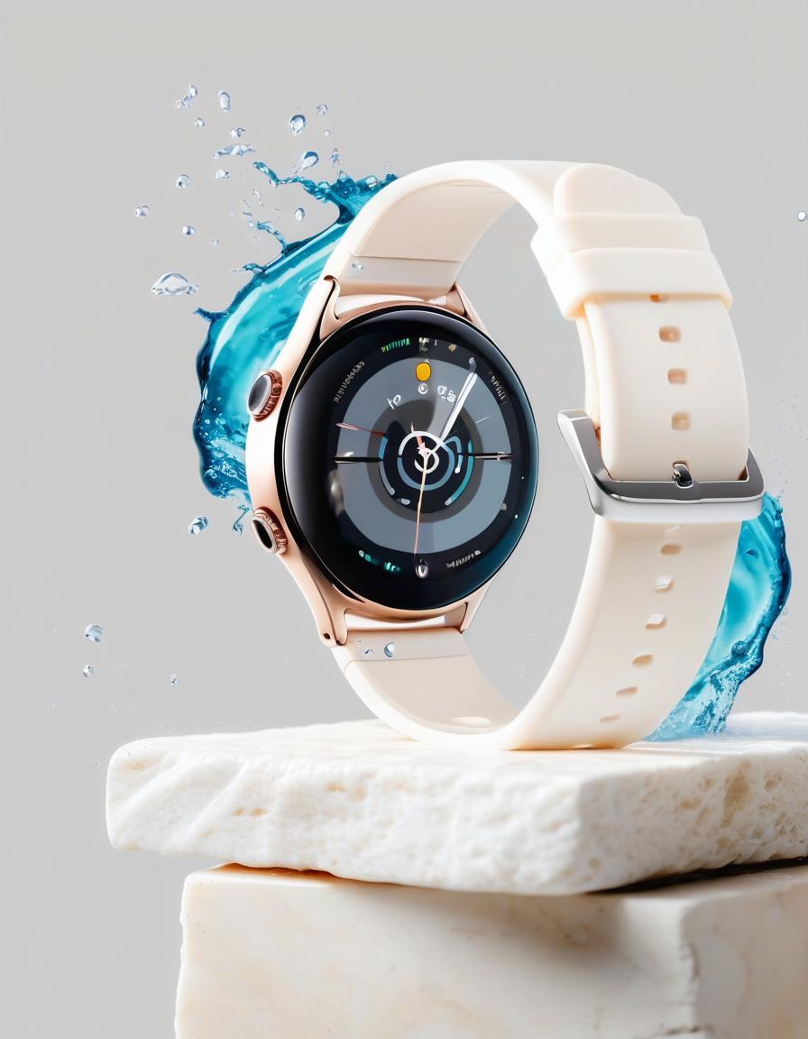  smart watch on white stone, in the background splashing water, light background, film photography style