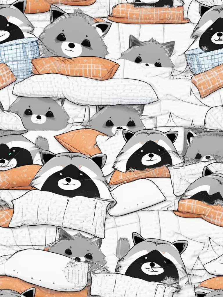  cute raccoon,in pajamas,in bed from holding a pillow,time to say goodnight,