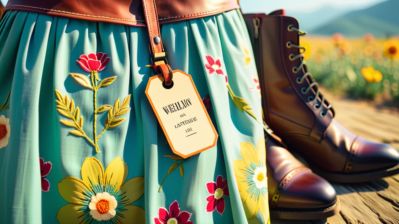  a close up of a weathered, vintage clothing tag hanging from a faded floral dress, surrounded by retro accessories like beaded purses and leather shoes, all set against a softly blurred, nostalgic backdrop. hyperrealistic, full body, detailed clothing, highly detailed, cinematic lighting, stunningly beautiful, intricate, sharp focus, f/1. 8, 85mm, (centered image composition), (professionally color graded), ((bright soft diffused light)), volumetric fog, trending on instagram, trending on tumblr, HDR 4K, 8K