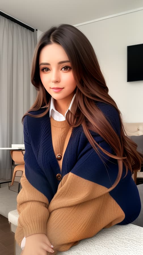  A woman with long brown hair wearing a sweater with one dark blue button that makes the room cool and cold