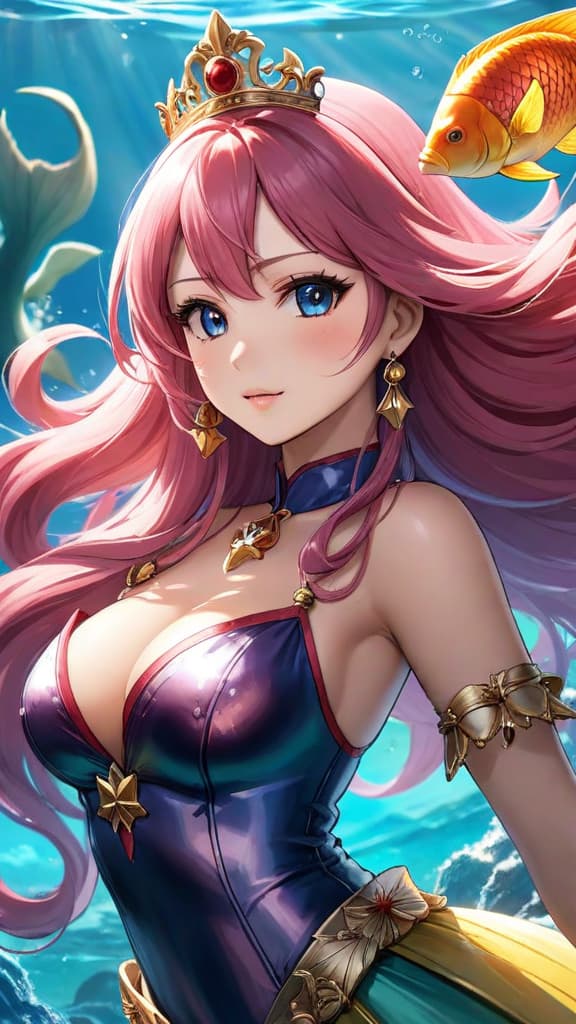  anime art: shirahoshi, the poseidon mermaid princess, commands the massive sea kings in one piece. hyperrealistic, full body, detailed clothing, highly detailed, cinematic lighting, stunningly beautiful, intricate, sharp focus, f/1. 8, 85mm, (centered image composition), (professionally color graded), ((bright soft diffused light)), volumetric fog, trending on instagram, trending on tumblr, HDR 4K, 8K