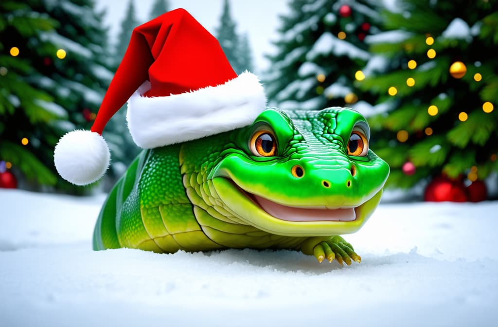  epic realistic, hyperdetailed, (cycles render:1.3), caustics, (glossy:0.58), (artstation:0.82),green funny snake, in a red santa hat, on a snow background, without paws ar 3:2