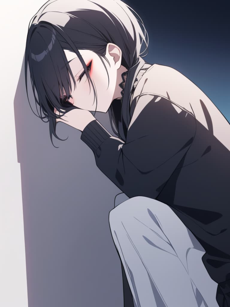  a male jirai kei'character with black hair,wearing dark clothing with silveraccessories such as a choker and rings,leaning against a wall or object,with one hand covering his face and the other resting on his shoulder. the character shows a mix of introspection and emotional complexity,with dark makeup and a delicate mood