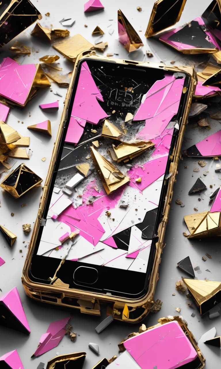  concept art black, white, gold, pink broken gold phone, shards, chips . digital artwork, illustrative, painterly, matte painting, highly detailed, perfect hands