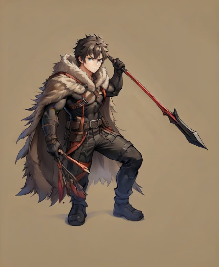  anime artwork strong man, crossbow , spear, fur cloak, . anime style, key visual, vibrant, studio anime, highly detailed, on parchment