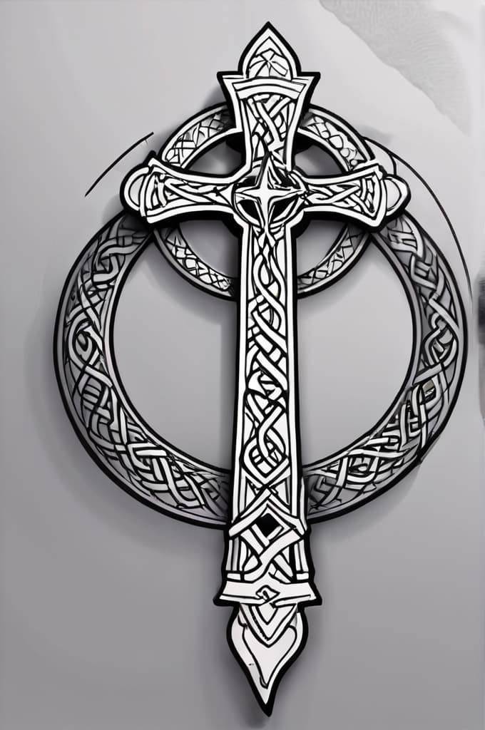  celtic cross withs dragon wrapping around it, (tattoo sketch:1.25), drawing