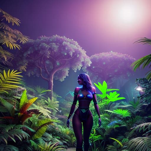  Generate an image of a bioluminescent jungle at night, with glowing flora and fauna creating a magical and mysterious atmosphere. hyperrealistic, full body, detailed clothing, highly detailed, cinematic lighting, stunningly beautiful, intricate, sharp focus, f/1. 8, 85mm, (centered image composition), (professionally color graded), ((bright soft diffused light)), volumetric fog, trending on instagram, trending on tumblr, HDR 4K, 8K