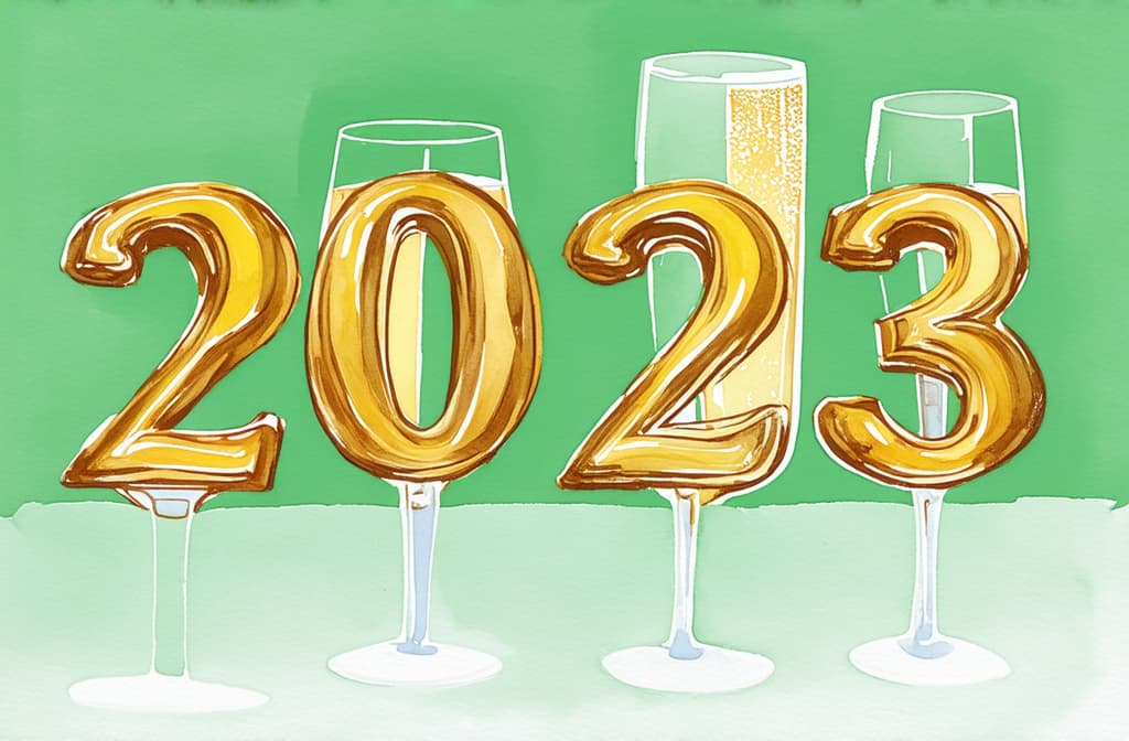  artwork letters 2025 in gold on a green background, next to two glasses of champagne ar 3:2, watercolor techniques, featuring fluid colors, subtle gradients, transparency associated with watercolor art