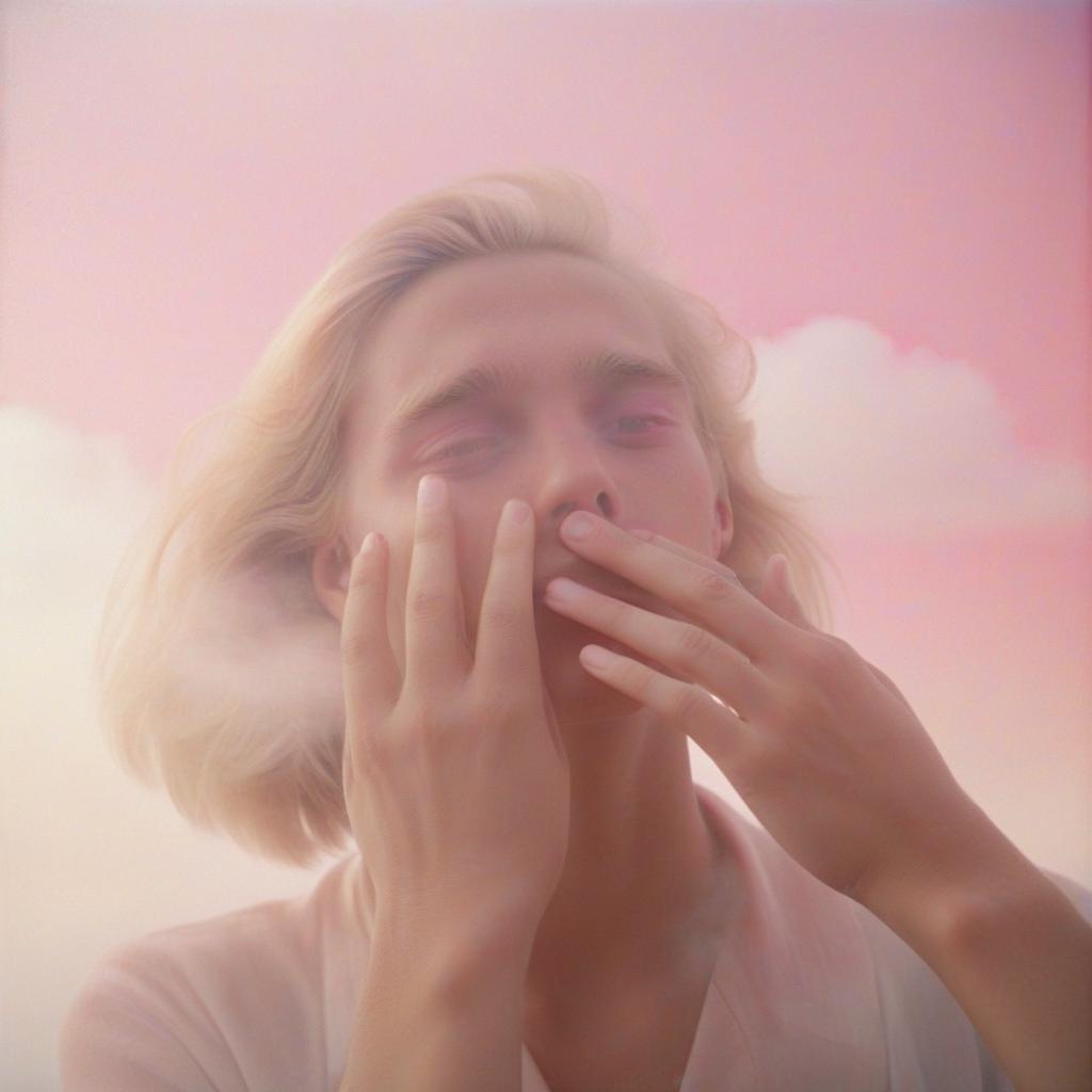  analog film photo the girl's hand touches the face of a blonde guy, pink and white shades, light fog, clouds in the background, a room in pastel shades. . faded film, desaturated, 35mm photo, grainy, vignette, vintage, kodachrome, lomography, stained, highly detailed, found footage