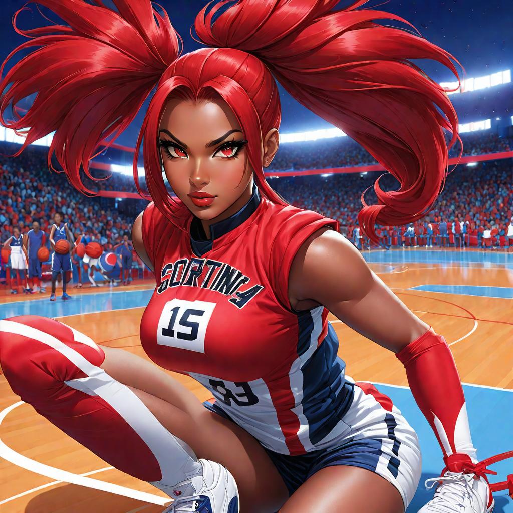  anime art very beautiful, scorpion girl, very dark brown skin woman, red eyes, red hair in puff ponytail, long hair, has scorpion tails , has sharp canines, full lips, rounded eyebrows, upturned nose, oval shaped face, lean figure, long legs, blue and white basket ball jersey, basketball court, scorpion., award winning, professional, highly detailed, masterpiece