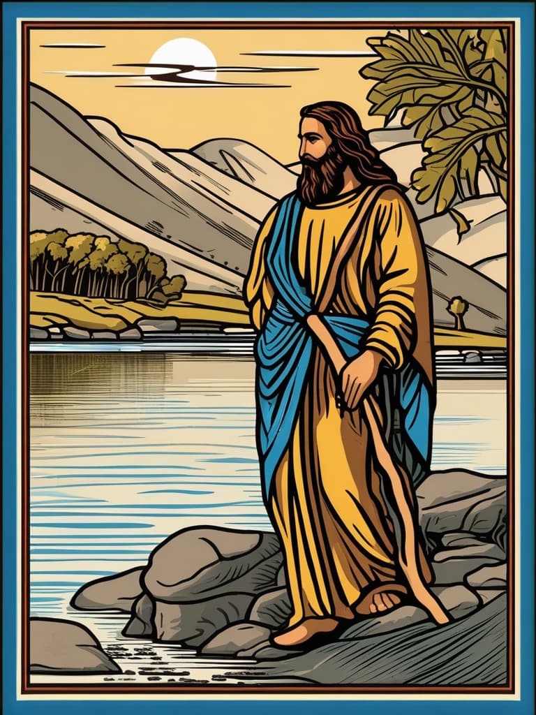  John the Baptist facing Jesus, standing in the the river Jordan . Close up view.