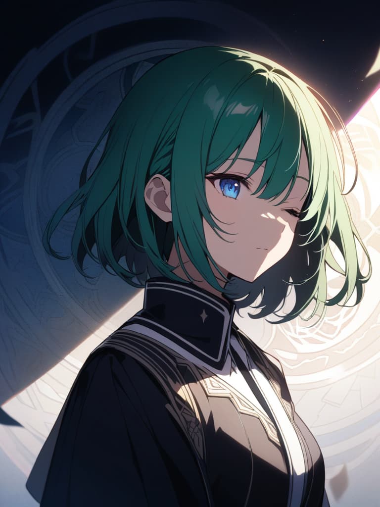  ((beautiful girl,green hair,blue eyes,one eye hidden,one eye hidden by bangs: 1.5,magic circle,magic effect,blue light,mysterious character,bob hair,))、ultra detailed,best shadow,cute and beautiful face,(masterpiece:1.2),(best quality:1.2),detailed background,high contrast,(best illumination,an extremely delicate and beautiful),((cinematic light)),hyper detail,dramatic light,intricate details,8k,anime,very aesthetic