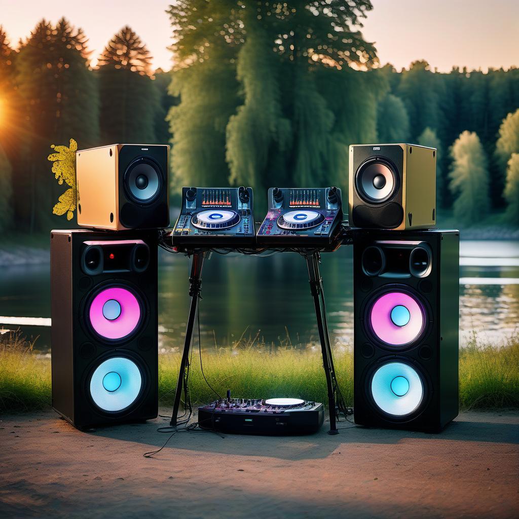  dj stand and dj remote in nature on an asphalt area between trees, against the background of sunset, river, large music speakers, light sources, lasers