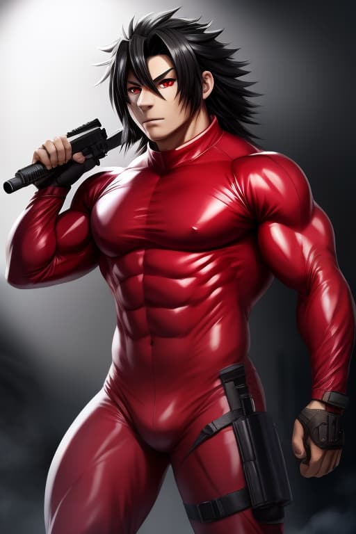  Anime, Male, Big muscles, Black messy hair, Bright red eyes, Skintight suit, tactical gear, weapon, open eyes, digital art, masterpiece, 4k, fine details,