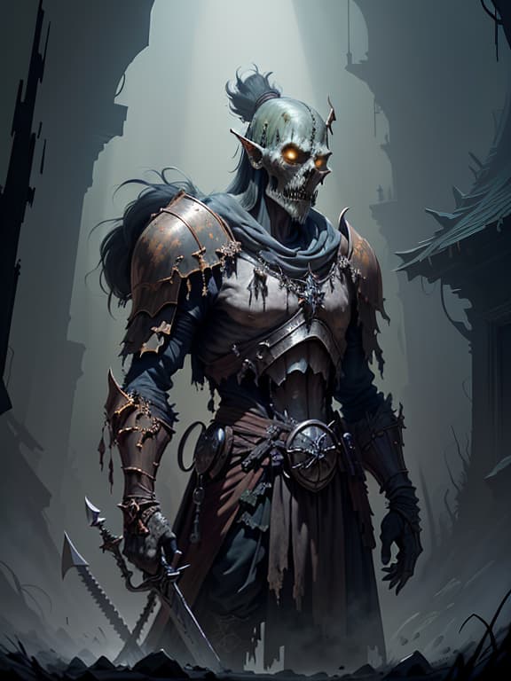  master piece, best quality, ultra detailed, highres, 4k.8k, undead knight, standing tall, holding a rusty sword, glowing in an eerie, otherworldly light, break the undead knight, ruined fortress, rusty sword, tattered cloak, broken columns, moss covered stones, break eerily quiet, with a sense of ancient despair, ghostly glow emanating from the knight, dramatic shadow play, creature00d