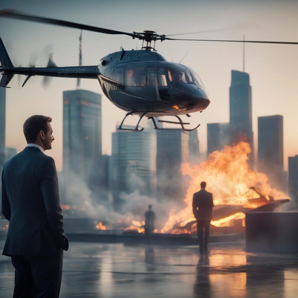  cinematic film still business, it, fire, office, man offers service and smiles, helicopter, sunrise, city in blurred focus in the background . shallow depth of field, vignette, highly detailed, high budget, bokeh, cinemascope, moody, epic, gorgeous, film grain, grainy