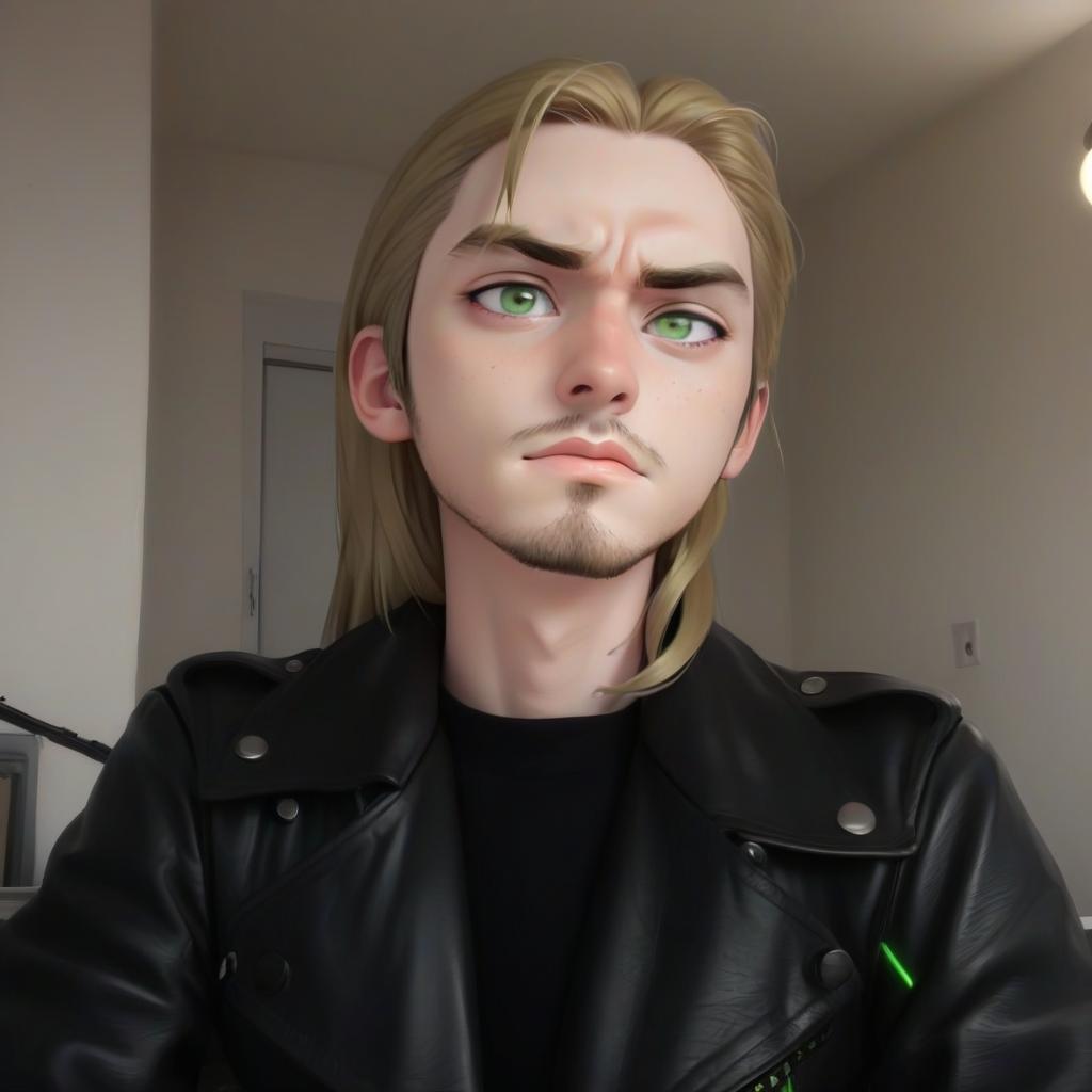  anime artwork draw in anime style, in a black leather jacket, green eyes, long blonde hair . anime style, key visual, vibrant, studio anime, highly detailed, perfecteyes