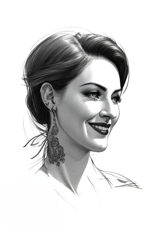  Sketch for tattoo, Photorealistic, Hyperrealistic, Hyperdetailed, film noir, analog style, hip cocked, demure, low cut, black lace, detailed skin, pores, smirk, smiling eyes, matte skin, outdoor cafe, soft lighting, subsurface scattering, realistic, heavy shadow, b&w, masterpiece, best quality, ultra realistic, 8k, golden ratio, Intricate, High Detail, film photography, soft focus hyperrealistic, full body, detailed clothing, highly detailed, cinematic lighting, stunningly beautiful, intricate, sharp focus, f/1. 8, 85mm, (centered image composition), (professionally color graded), ((bright soft diffused light)), volumetric fog, trending on instagram, trending on tumblr, HDR 4K, 8K