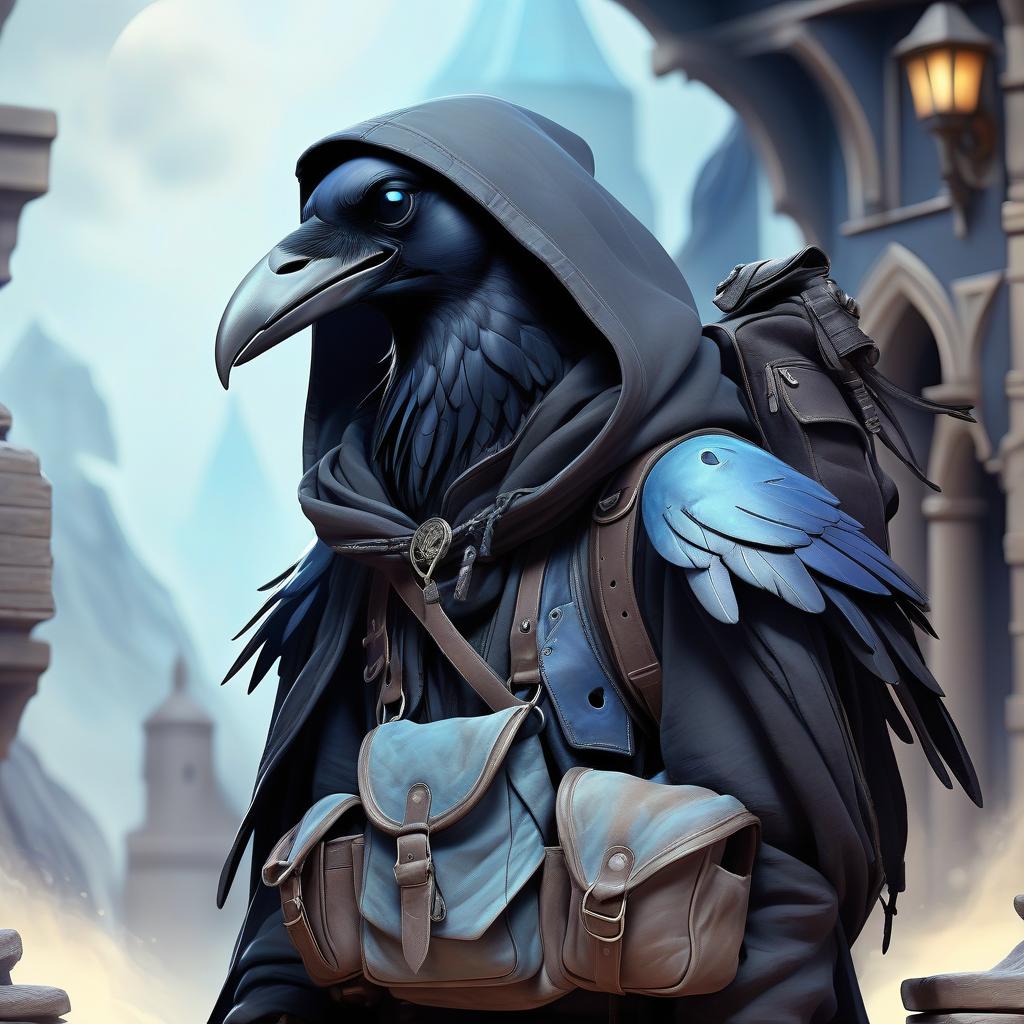  ethereal fantasy concept art of black with blue tint humanoid with raven head alchemist, rags and leather cloak with lots of pockets, tourist back pack bag with pockets, bomb in hand . magnificent, celestial, ethereal, painterly, epic, majestic, magical, fantasy art, cover art, dreamy