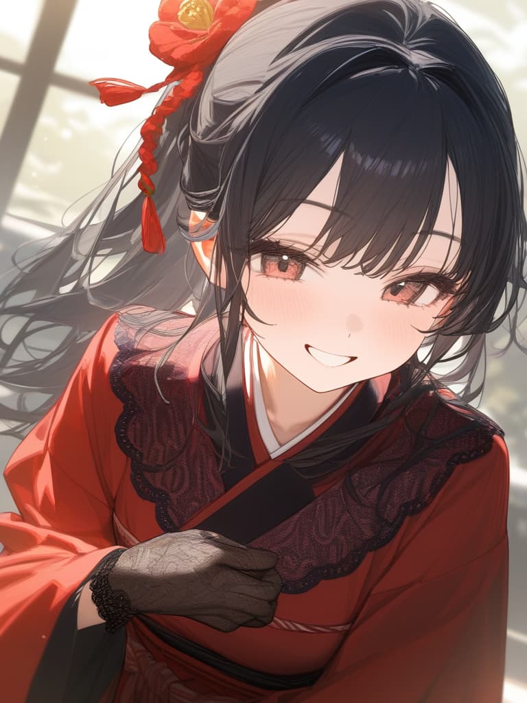  girl, cute face, frill lace, solo, hair ribbon, meiji era, kimono, hakama, black hair, black lace gloves, red kimonos, young face, smile, smile, masterpiece, best quality,8k,ultra detailed,high resolution,an extremely delicate and beautiful,hyper detail